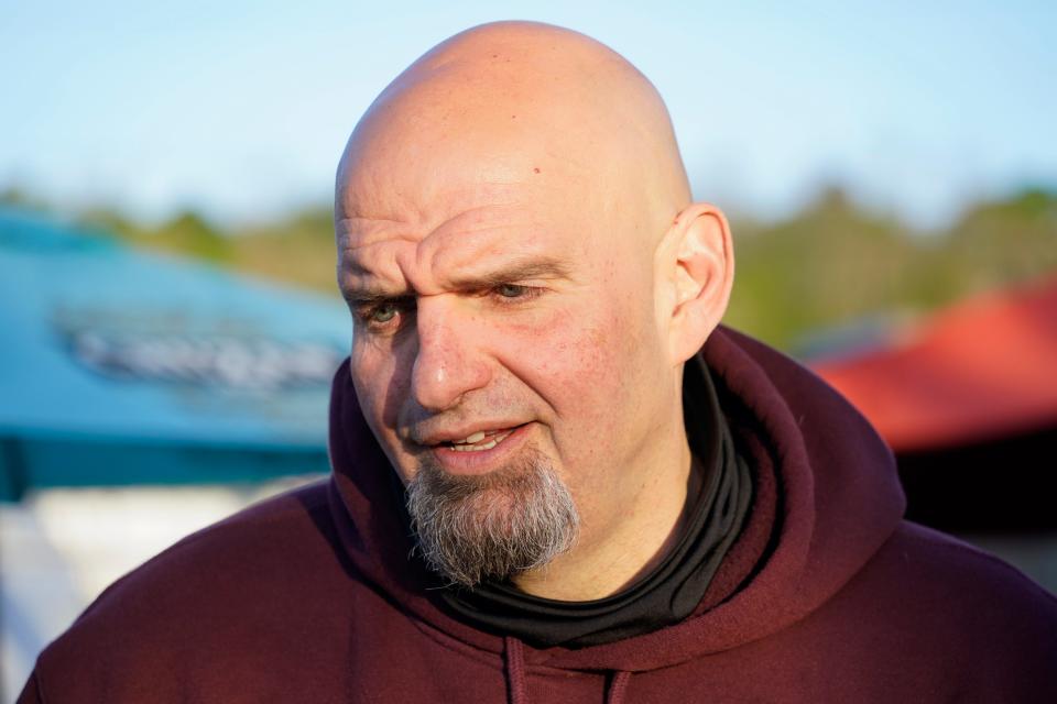 Pennsylvania Lt. Governor John Fetterman, who is running for the Democratic nomination for the U.S. Senate for Pennsylvania, greets supporters at a campaign stop, Tuesday, May 10, 2022, in Greensburg, Pa. (AP Photo/Keith Srakocic) ORG XMIT: PAKS