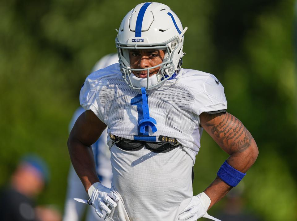 Indianapolis Colts wide receiver Josh Downs (1) walks on the field Thursday, Aug. 17, 2023, during training camp at Grand Park Sports Campus in Westfield.