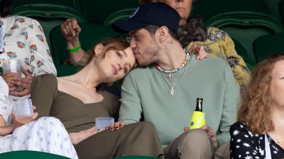 london, england july 03 phoebe dynevor and pete davidson hosted by lanson attend day 6 of the wimbledon tennis championships at the all england lawn tennis and croquet club on july 03, 2021 in london, england photo by karwai tangwireimage