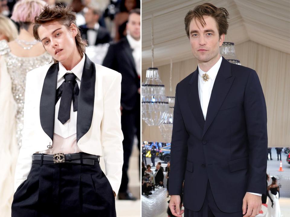 A side-by-side of Kristen Stewart and Robert Pattinson at the 2023 Met Gala.