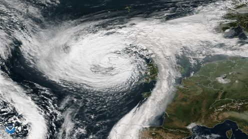 <span class="caption">Ex-hurricane Ophelia striking the British Isles on October 16, 2017.</span> <span class="attribution"><span class="source">NOAA National Environmental Satellite, Data, and Information Service (NESDIS)</span></span>