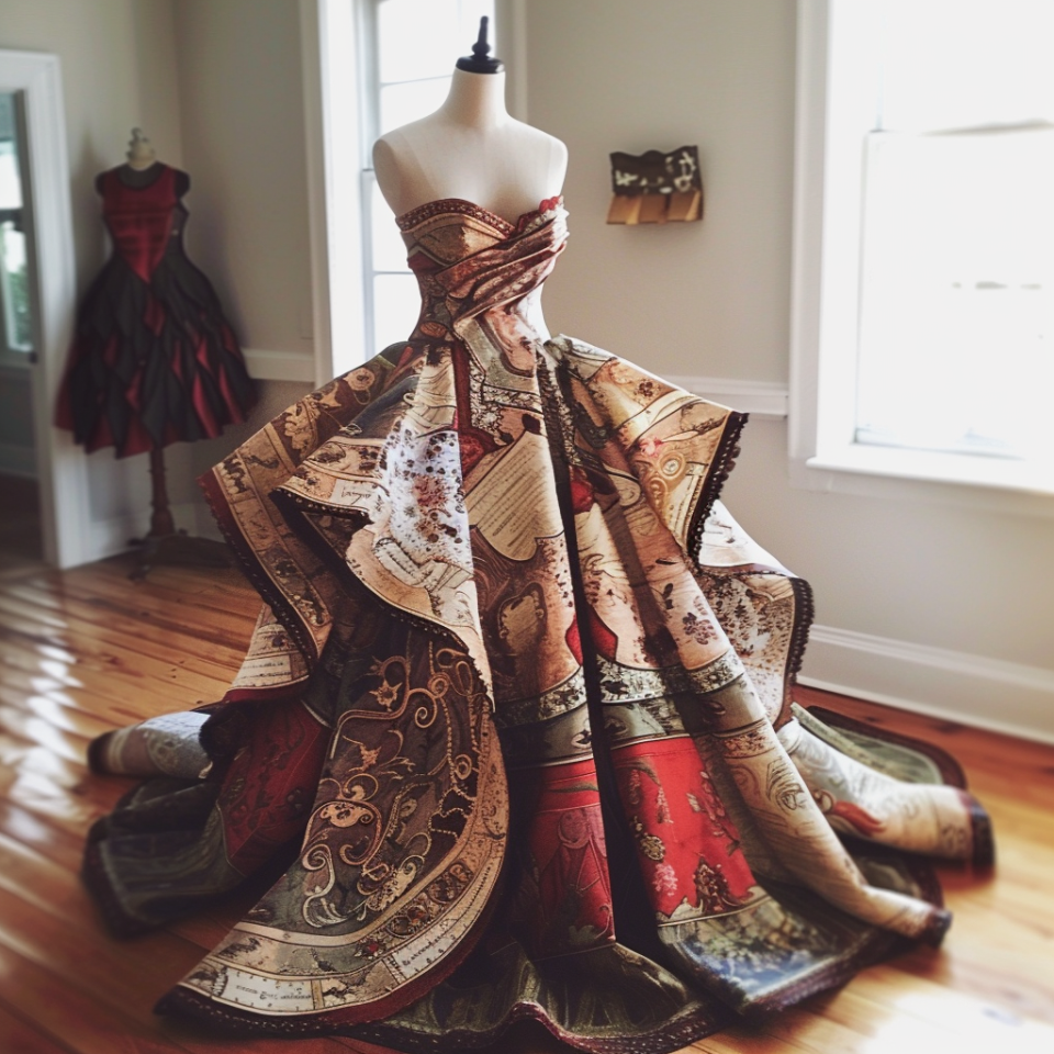 Mannequin in a voluminous dress with historical map and script print, showcased in a well-lit room