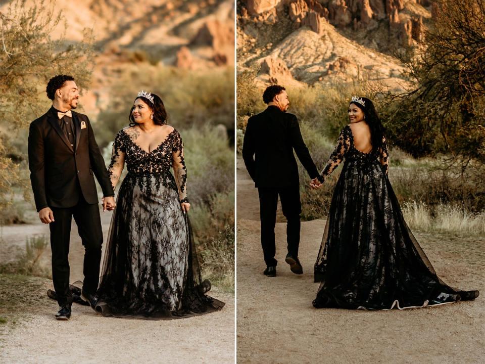 A front and back shot of a bride and groom wearing a black dress and black suit in front of a mountain.