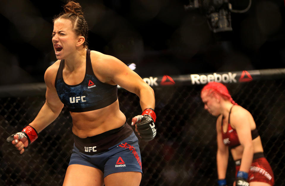 BOSTON, MA - OCTOBER 18: Maycee Barber, left, celebrates her TKO victory over Gillian Robertson in a Women's Flyweight bout during the UFC Boston event at TD Garden in Boston on Oct. 18, 2019. (Photo by Barry Chin/The Boston Globe via Getty Images)