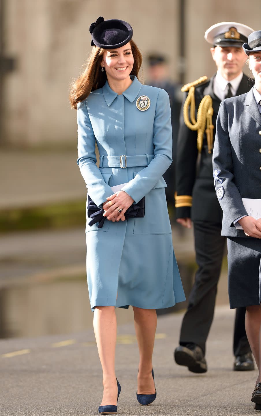 <p>Joining Britain's Air Cadets to help them celebrate their 75th anniversary, the Duchess stepped out in a pale blue Alexander McQueen coatdress.</p>