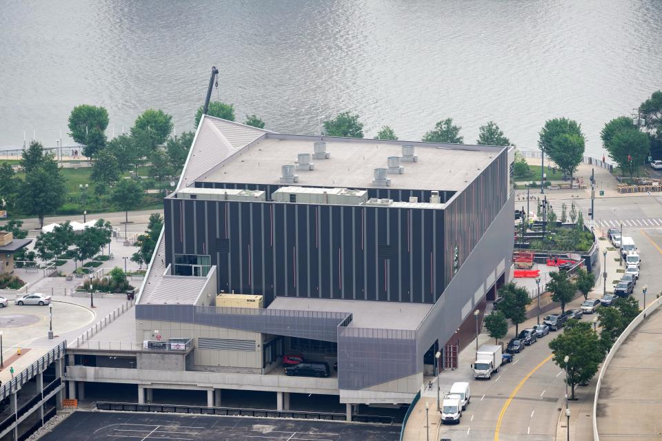 The Andrew J Brady Music Center, pictured from its back side, sits next to the Icon Festival Stage on Mehring Way on the north edge of Downtown's Smale Riverfront Park.