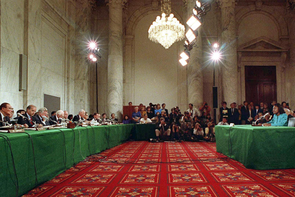 FILE - In this Oct. 11, 1991 file photo, Anita Hill testifies in the Russell Caucus room on Capitol Hill in Washington where the Senate Judiciary Committee was hearing testimony on the nomination of Clarence Thomas for the Supreme Court. Hill alleged Thomas made unwanted sexual advances and lewd remarks while he was her employer. (AP Photo/Greg Gibson, File)