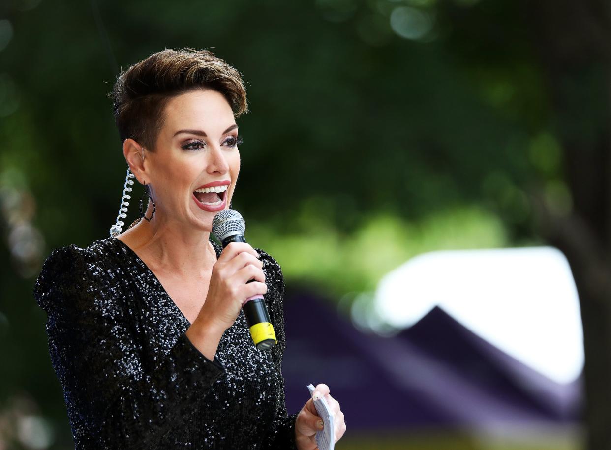 Jackie Schmillen of Channel 5 We Are Iowa serves as the emcee during the 62nd Bill Riley Talent Search finals on the Anne and Bill Riley Stage at the Iowa State Fair in August.