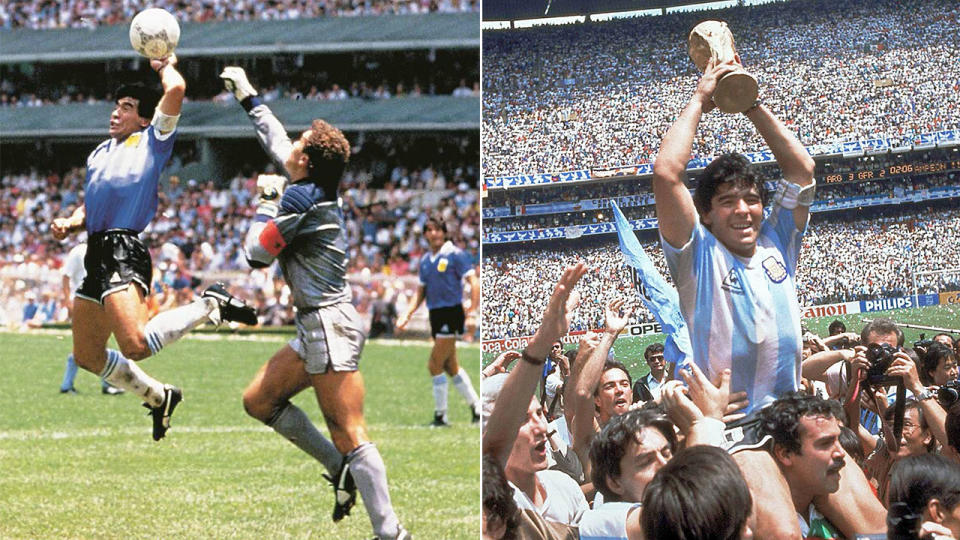 Pictured here, Diego Maradona's 'Hand of God' moment and lifting the 1986 World Cup.