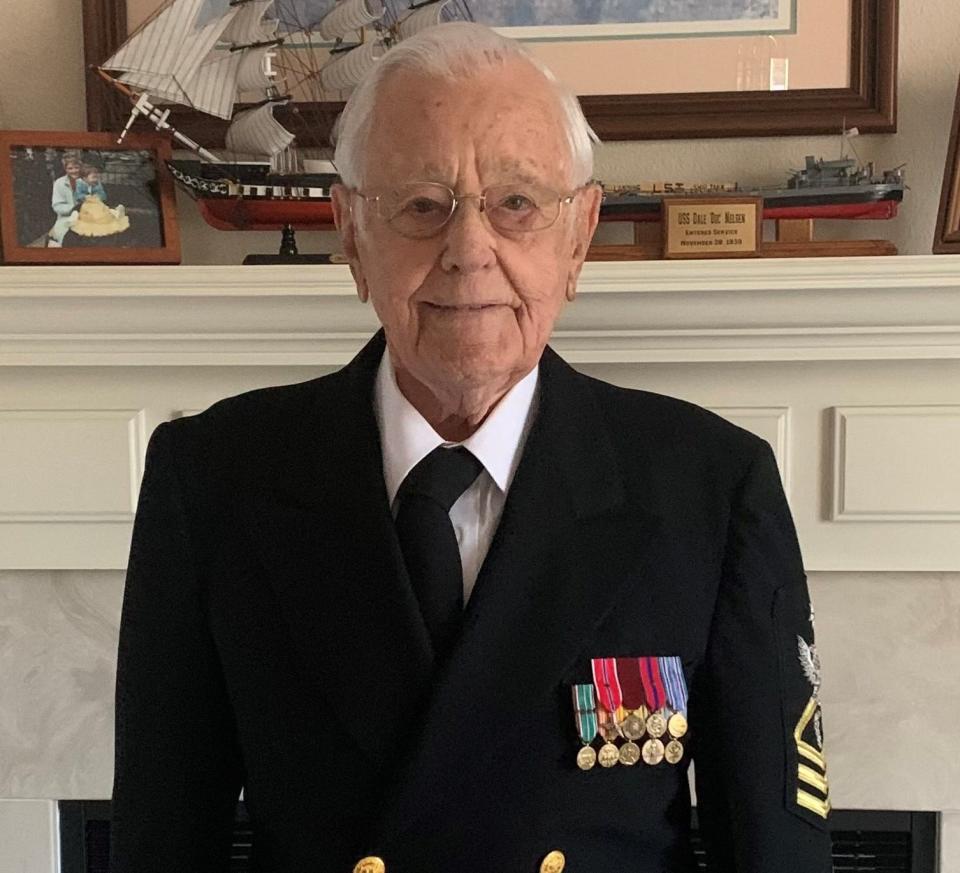 Navy veteran Dale Nelsen was named a Wichitan of the Year on Tuesday, March 19, 2024. He received the award via remote camera since recent surgery prevented him from attending in person.