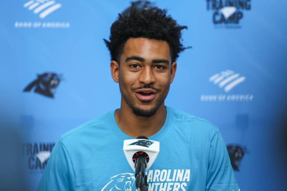 Panthers rookie quarterback Bryce Young speaks to media on player move-in day at Wofford College on Tuesday, July 25, 2023 in Spartanburg, SC. Melissa Melvin-Rodriguez/mrodriguez@charlotteobserver.com