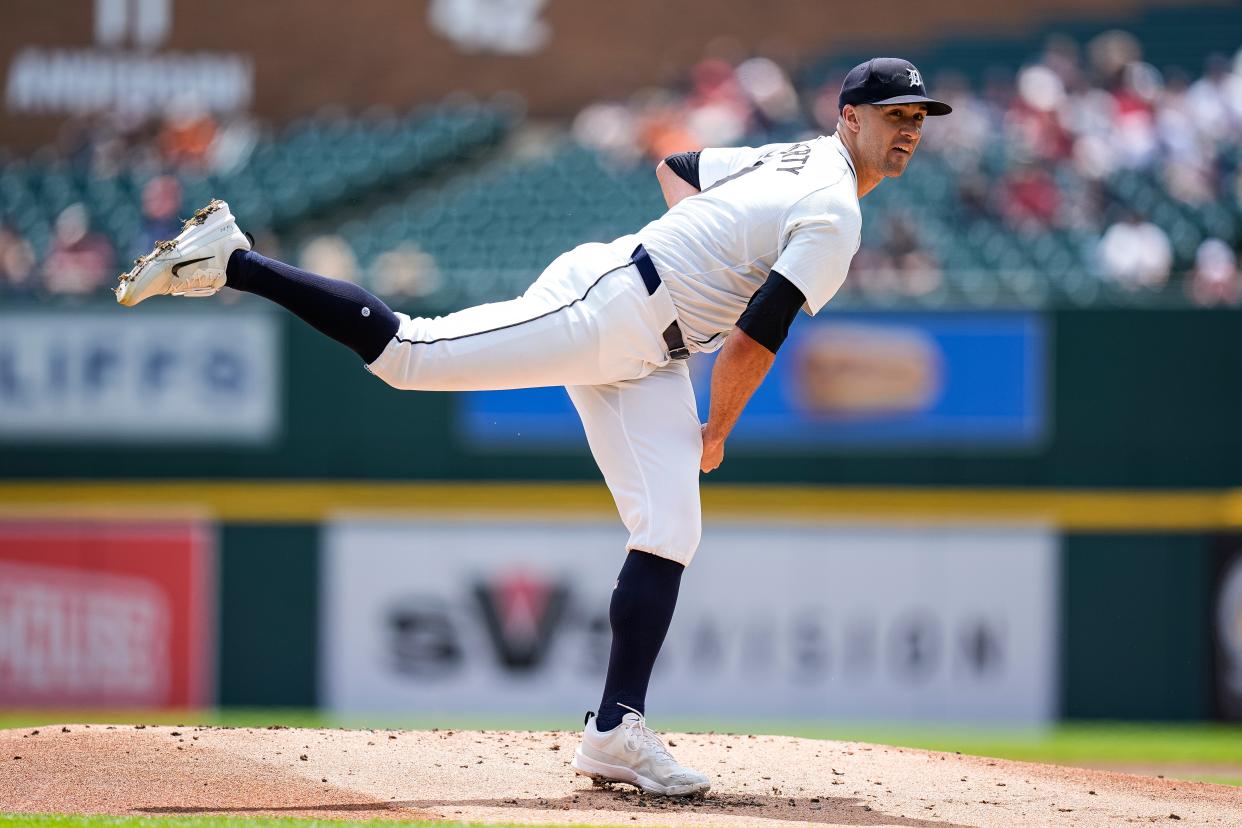 Detroit Tigers pitcher Jack Flaherty (9) delivers a pitch against Cleveland Guardians during the first inning at Comerica Park in Detroit on Thursday, July 11, 2024.