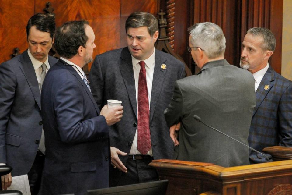 From left, Daniel Boan, Rep. Bruce Bannister, House Speaker Murrell Smith, Rep. Tommy Pope and Rep. Chris Wooten during a House session on Tuesday, March 14, 2023. (Travis Bell/STATEHOUSE CAROLINA)