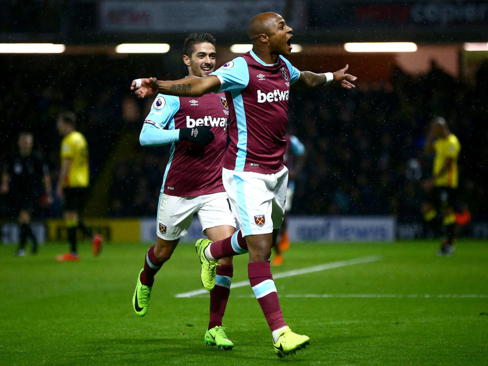 Andre Ayew celebrates his equaliser for West Ham: Getty