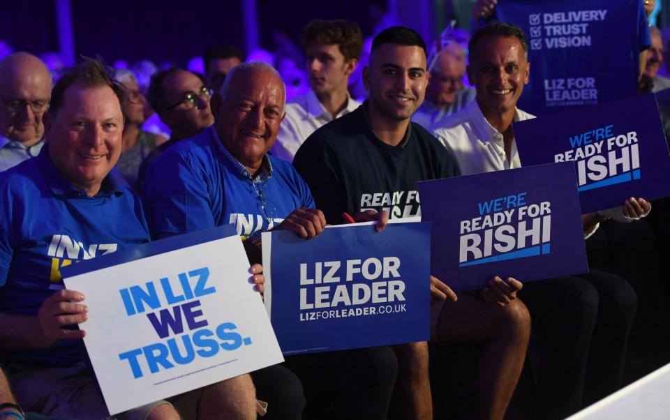 Supporters of Liz Truss and Rishi Sunak at the Conservative Party leadership election hustings at the Eastbourne Winter Gardens - ANDY RAIN/EPA-EFE/Shutterstock 