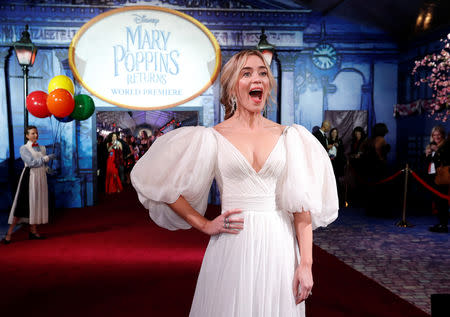 Cast member Emily Blunt reacts on the red carpet at the world premiere of Disney’s movie “Mary Poppins Returns” in Los Angeles, California, U.S., November 29, 2018. REUTERS/Mario Anzuoni