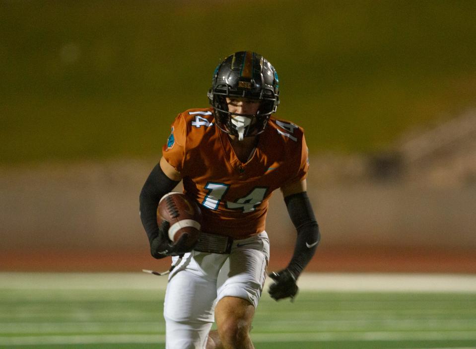 Pebble Hills Marcus Torres runs downfield after completing a catch against Montwood on Oct. 13, 2023 at the SAC.