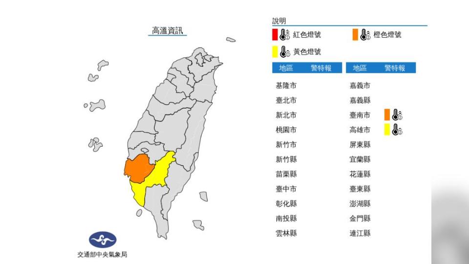 氣象局針對台南市、高雄市發布高溫特報。（圖／中央氣象局）