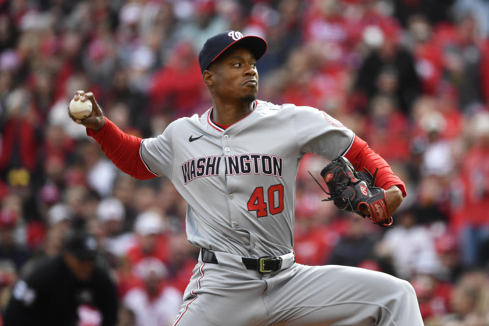 Washington Nationals starting pitcher Josiah Gray (40) pitches during the first inning of an opening day baseball game against the Cincinnati Reds in Cincinnati, Thursday, March 28, 2024. (AP Photo/Timothy D. Easley)