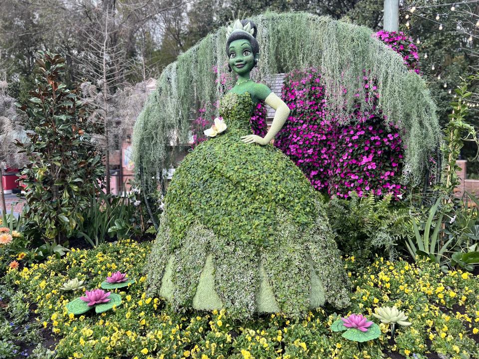 New to this year's Disney character-themed topiaries is Princess Tiana, who will be backlit by fairy lights once the sun goes down. (Photo: Terri Peters)