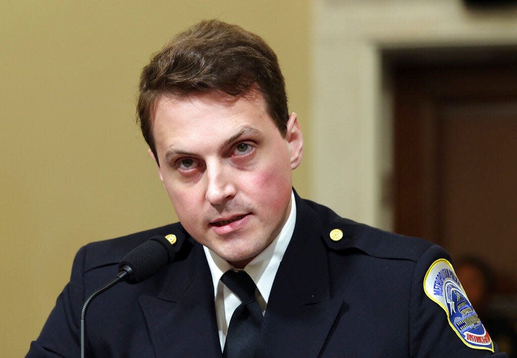 Washington Metropolitan Police Department officer Daniel Hodges testifies before the House select committee hearing on the Jan. 6 attack on Capitol Hill in Washington, on July 27, 2021. (Chip Somodevilla/Pool via AP)