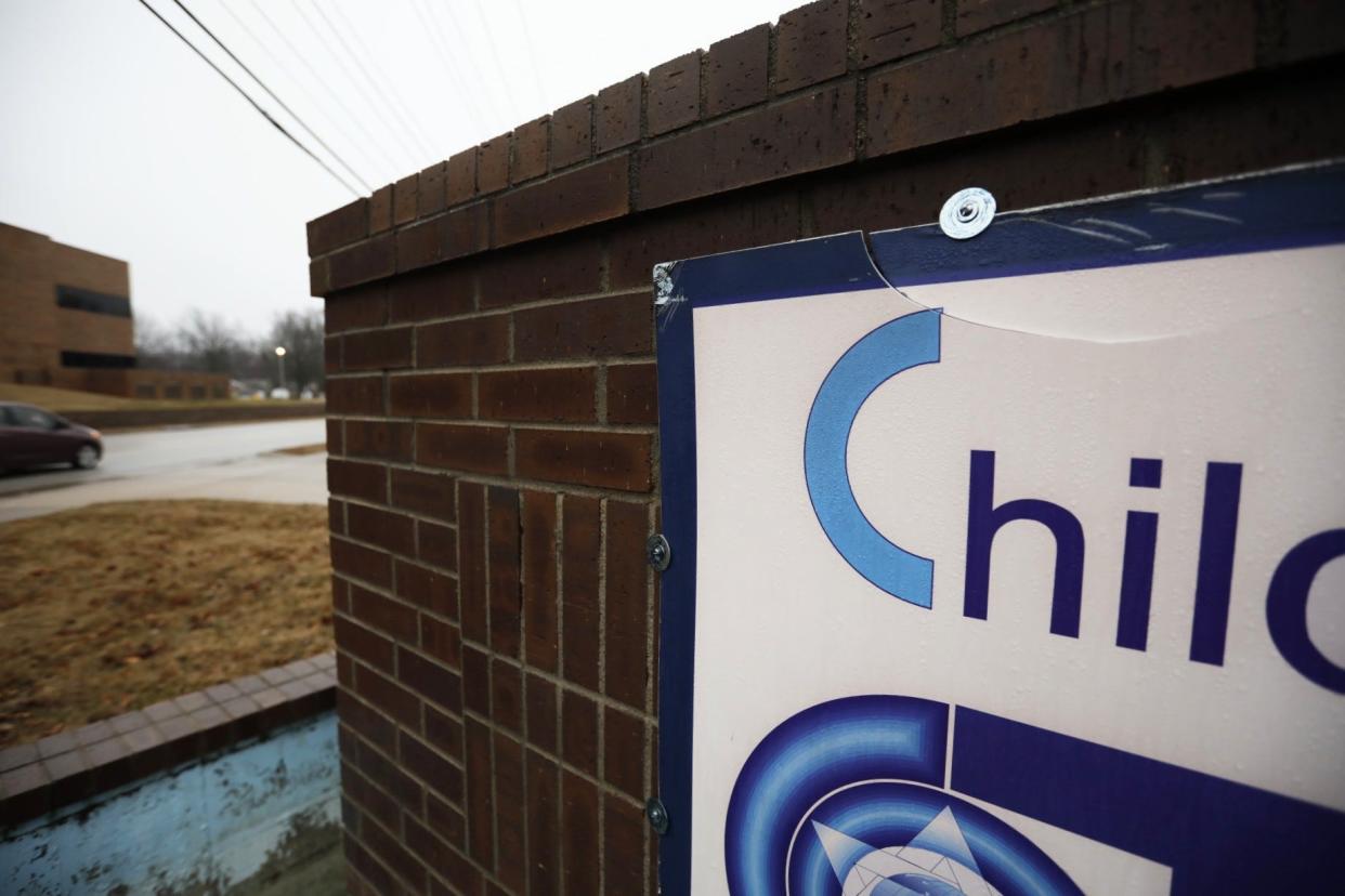 A damaged sign at the Children of Jacob synagogue on Tuesday, Jan. 23, 2024. Two windows and two exterior signs were found damaged at the synagogue on Tuesday morning.