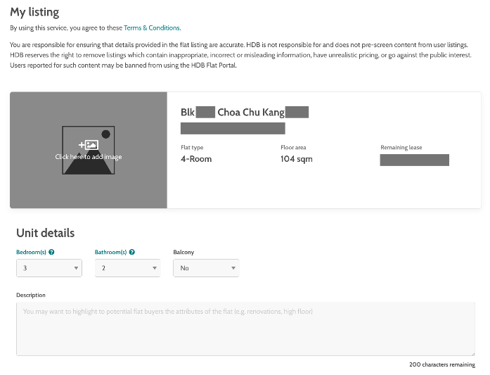 Sellers only need to add in photos of their flat and a description of their flat when listing their flat on the RFL service. Image: HDB