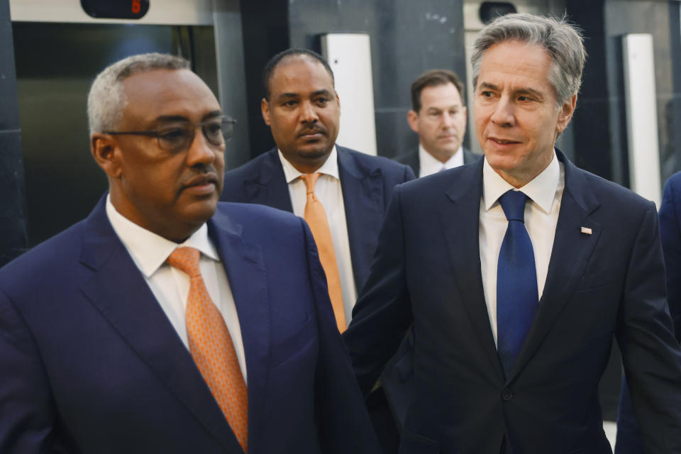 U.S. Secretary of State Antony Blinken, right, meets Ethiopian Deputy Prime Minister and Foreign Minister Demeke Mekonnen in Addis Ababa, Ethiopia, Wednesday, March 15, 2023. (Tiksa Negeri/Pool Photo via AP)