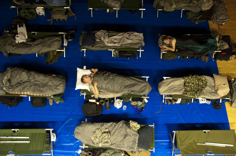 Service members sleep at the Osan Air Base, Republic of Korea, Fitness and Sports Complex during exercise Key Resolve, March 2, 2015.&nbsp;