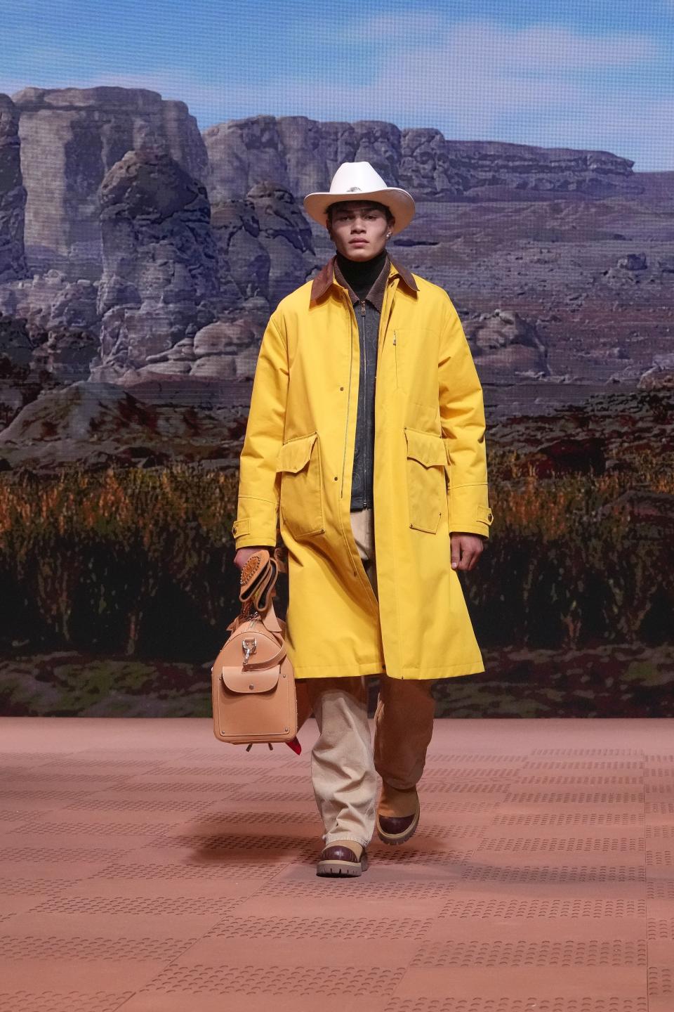 A model wears a creation for Louis Vuitton as part of the Menswear ready-to-wear Fall-Winter 2024-2025 collection presented in Paris, Tuesday, Jan. 16, 2024. (AP Photo/Thibault Camus)