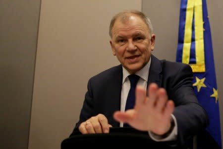 FILE PHOTO: EU Commissioner for Health and Food Safety Vytenis Andriukaitis gestures after a news conference in Brasilia, Brazil March 29, 2017. REUTERS/Ueslei Marcelino