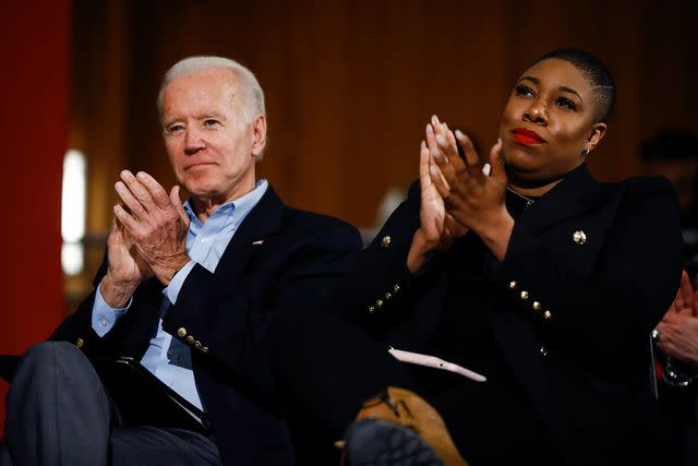 <p>AP Photo/Matt Rourke</p> Then-presidential candidate Joe Biden and senior adviser Symone Sanders-Townsend at an Iowa campaign event on Jan. 27, 2020