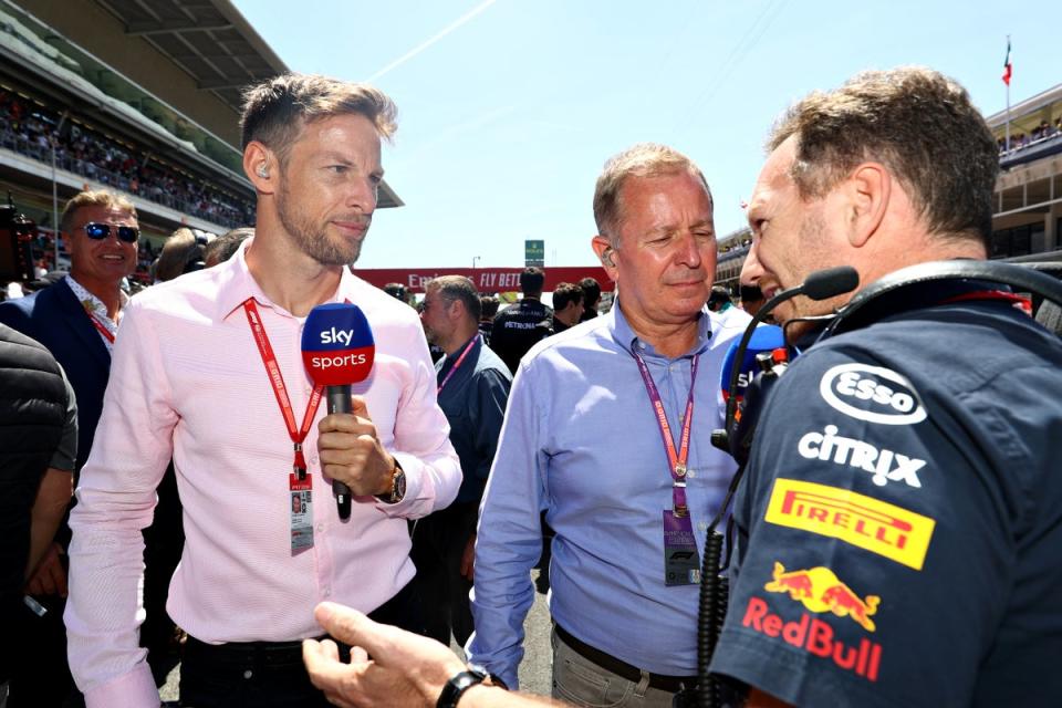 Martin Brundle, centre, and Jenson Button interviewing Christian Horner, right (Getty Images)
