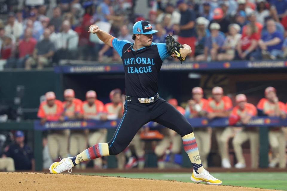 Paul Skenes of the Pittsburgh Pirates pitches in the first inning of the MLB All-Star game, July 16, 2024, in Arlington, Texas.