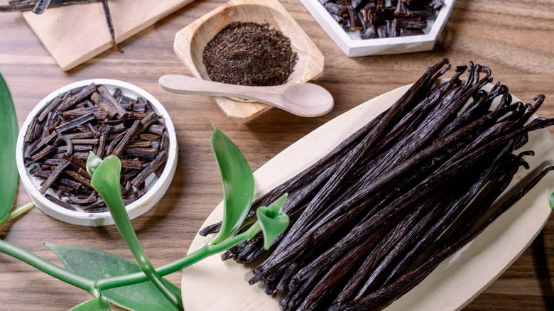 vanilla beans on wooden board