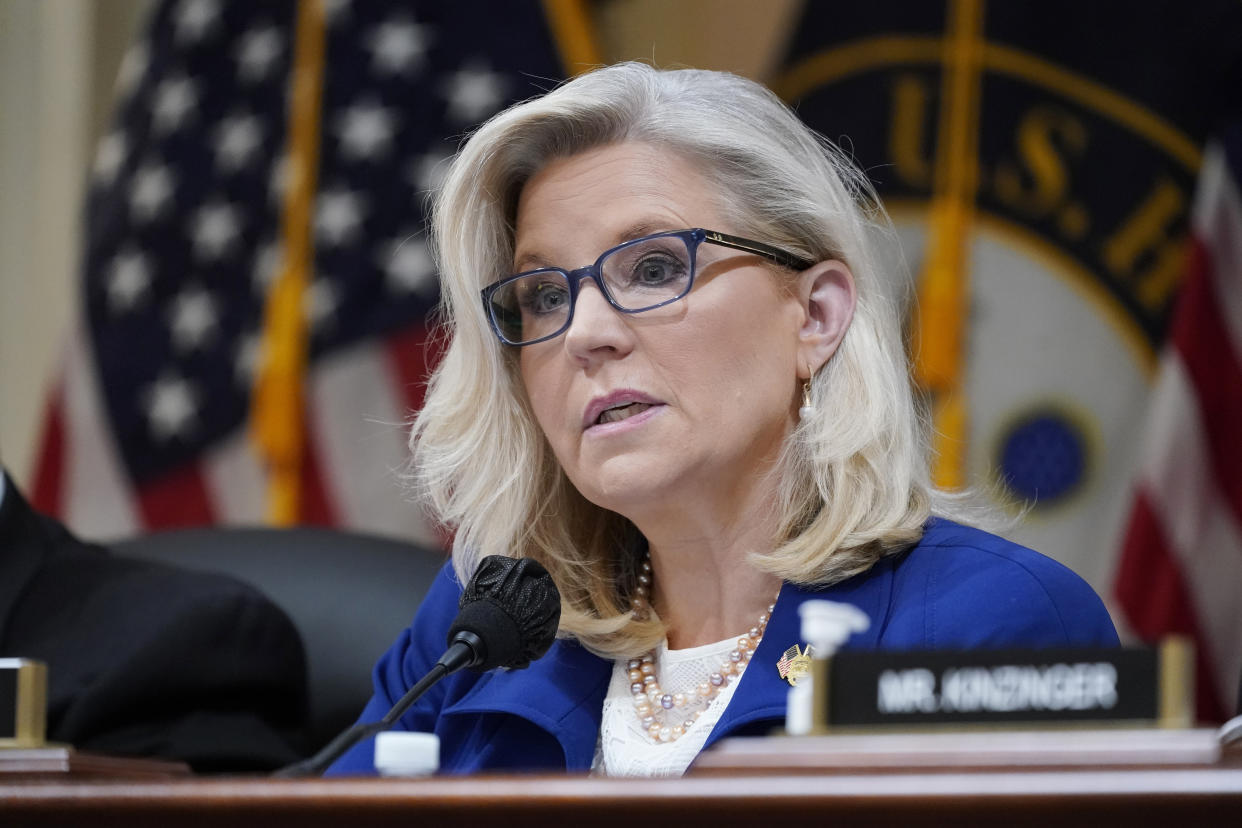 Vice Chair Liz Cheney speaks as the House select committee investigating the Jan. 6 attack on the U.S. Capitol, holds a hearing on Capitol Hill in Washington, Oct. 13, 2022. (AP Photo/J. Scott Applewhite)