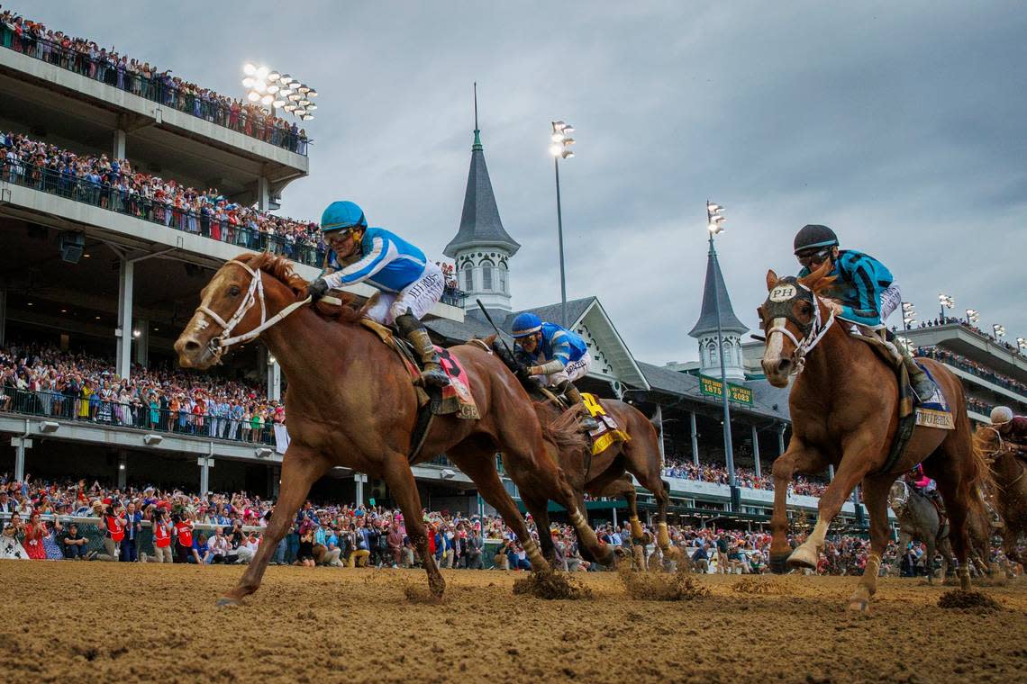 Kentucky Derby winner Mage, foreground, is the expected favorite in the 148th running of the Preakness Stakes on Saturday, May 20, at Pimlico Race Course in Baltimore. TeamCoyle/photo@jonathanpalmer.net