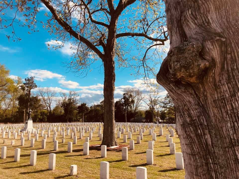 Oak trees and bronze monuments line the grounds of the nearly 8-acre cemetery.