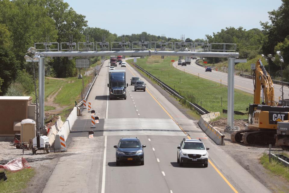 Tolls on the New York State Thruway will increase by 5% come January 2024. Pictured here is a cashless tolling gantry on the Thruway near Rochester on August. 12, 2020.