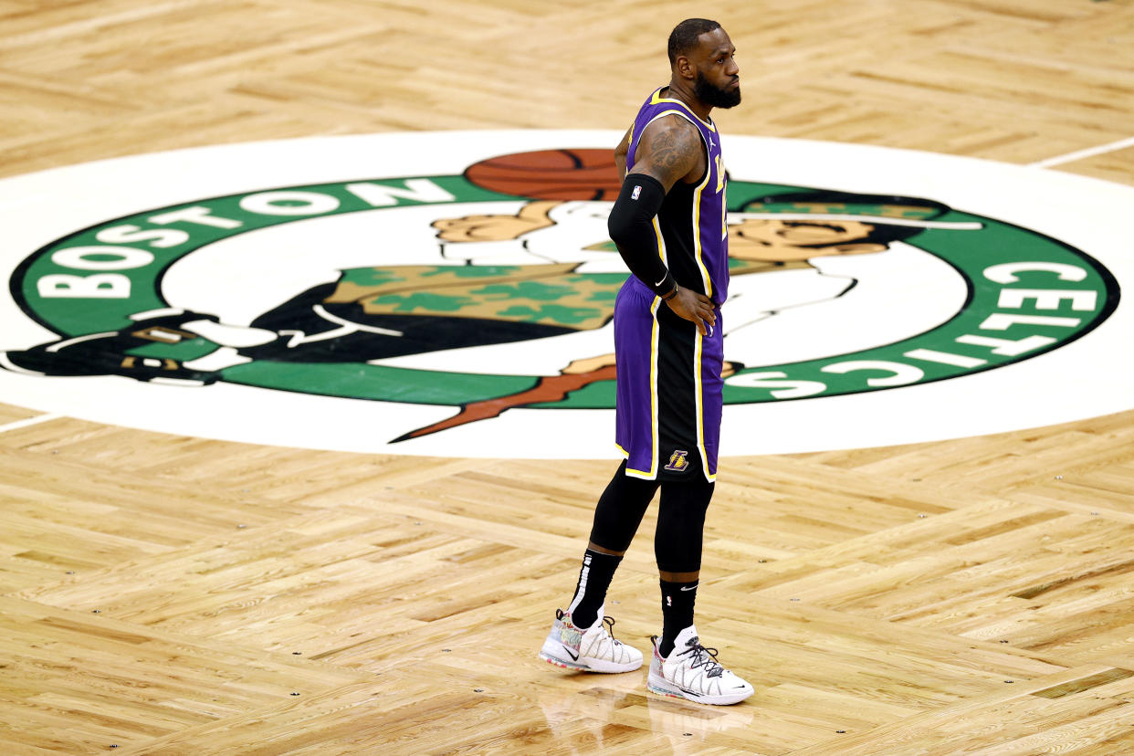 BOSTON, MASSACHUSETTS - JANUARY 30: LeBron James #23 of the Los Angeles Lakers looks on during the first half of the game against the Boston Celtics  at TD Garden on January 30, 2021 in Boston, Massachusetts. (Photo by Maddie Meyer/Getty Images)