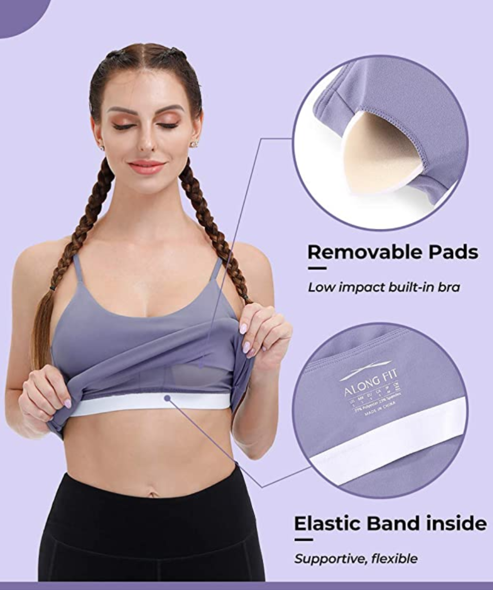 The built-in bra inside this crop top/sports bra is lined with mesh to moisture-wicking materials to keep you dry and comfortable throughout your workouts. 