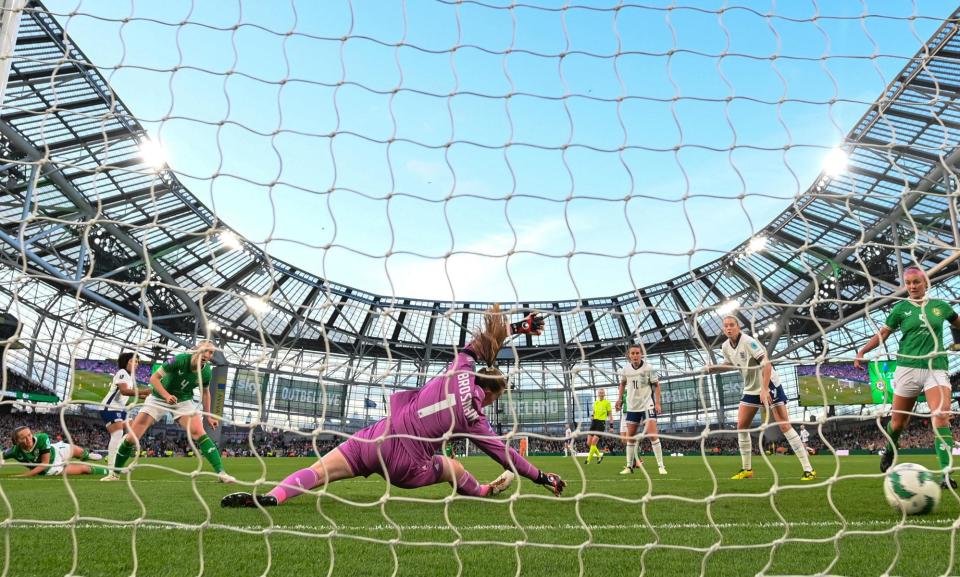 <span>Lauren James opens the scoring for England in their victory at the Aviva Stadium.</span><span>Photograph: Stephen McCarthy/Sportsfile/Getty</span>