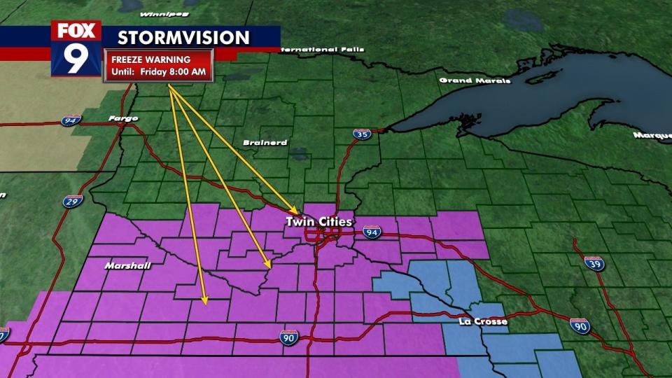 <div>A freeze warning will go into effect Friday 1 a.m. for the Twin Cities and the majority of southern Minnesota.</div> <strong>(FOX 9)</strong>