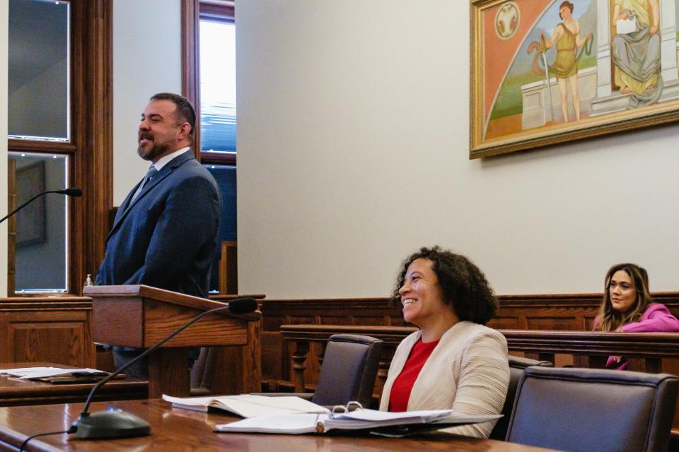 Attorneys Timothy Rudd, left, and Dolores Garcia, middle, share a moment of levity during a sanctioning hearing in the ongoing case between Dover Chemical Corporation and the City of Dover on Monday, Sept. 18, in Judge Elizabeth Lehigh Thomakos’ courtroom in the Tuscarawas County Court of Common Pleas. Gina Space, Dover city council-at-large as well as Democratic candidate for law director, is sitting in the gallery at right.