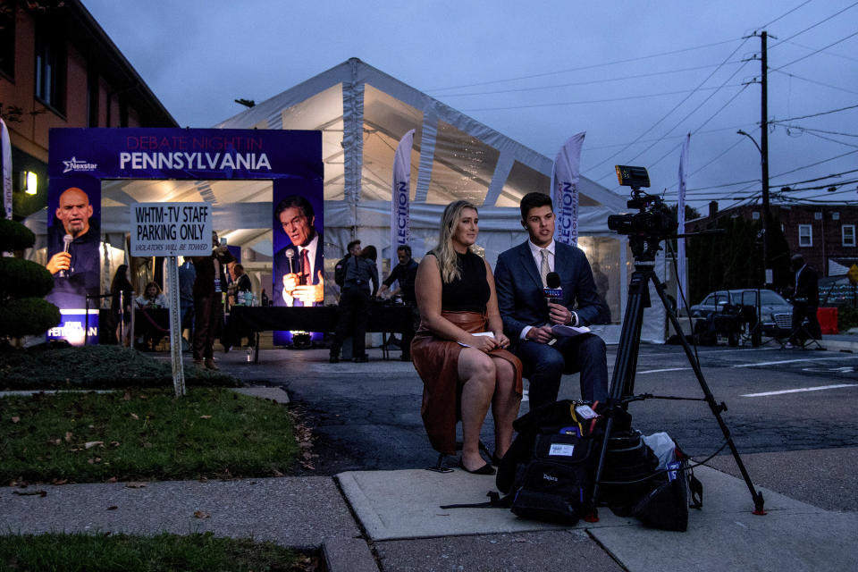 The scene outside before the first and only debate between U.S. Senate candidates Republican Mehmet Oz and Democrat John Fetterman, at the WHTM-TV/ABC 27 Studio in Harrisburg, Pa., Tuesday, Oct. 25, 2022. (Tom Gralish/The Philadelphia Inquirer via AP)