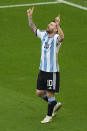 Argentina's Lionel Messi celebrates after scoring his side's first goal during the World Cup group C soccer match between Argentina and Saudi Arabia at the Lusail Stadium in Lusail, Qatar, Tuesday, Nov. 22, 2022. (AP Photo/Luca Bruno)