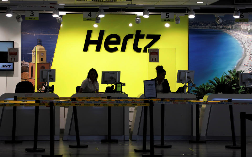 The desk of car rental company Hertz is seen at Nice International airport during the coronavirus disease (COVID-19) outbreak in Nice, France, May 27, 2020. REUTERS/Eric Gaillard