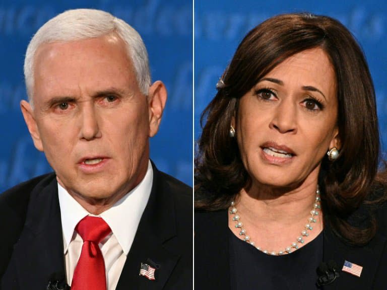 Mike Pence et Kamala Harris lors de leur unique débat télévisé, mercredi à Salt Lake City, dans l'Utah, à 27 jours de briguer la vice-présidence des Etats-Unis - Eric BARADAT, Robyn Beck © 2019 AFP