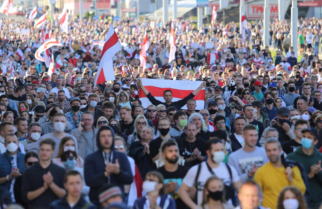 Belarusian opposition supporters protest against presidential election results in Minsk (Reuters)