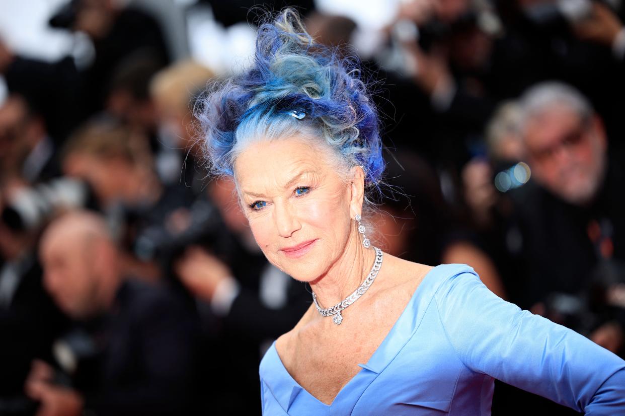 Helen Mirren pictured at Cannes showcasing her new bright blue hair. (Getty Images)